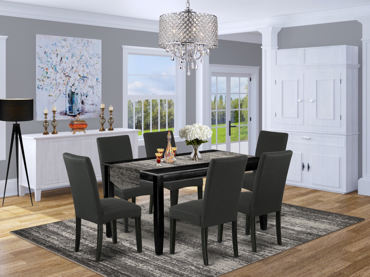 DUDR7-BLK-24 60 in. Dudley Rectangular Dining Table & Six Parson Chair with Black Leg & Linen Fabric - Black, 7 Piece