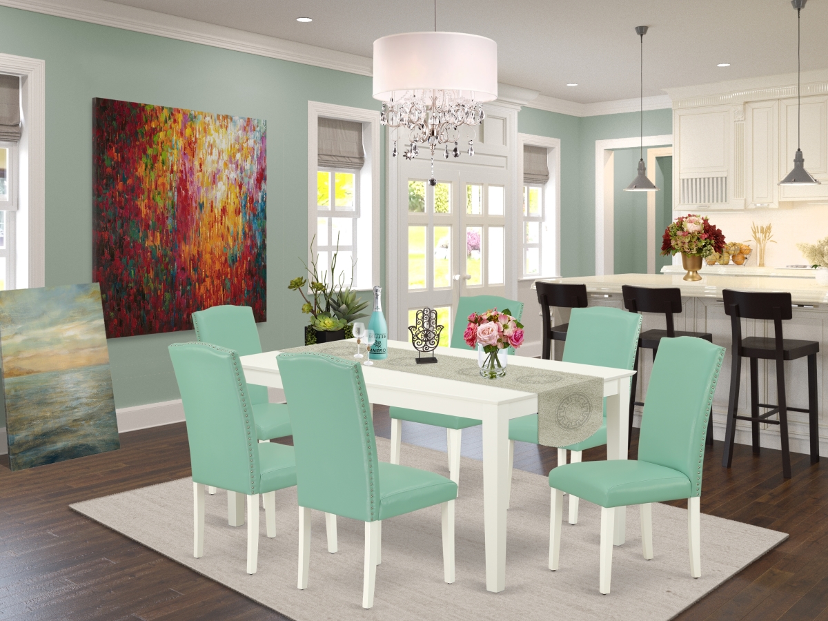 CAEN7-LWH-57 60 in. Capri Rectangle Dining Table & 6 Parson Chair with Linen White Leg & Pu Leather - Pond, 7 Piece