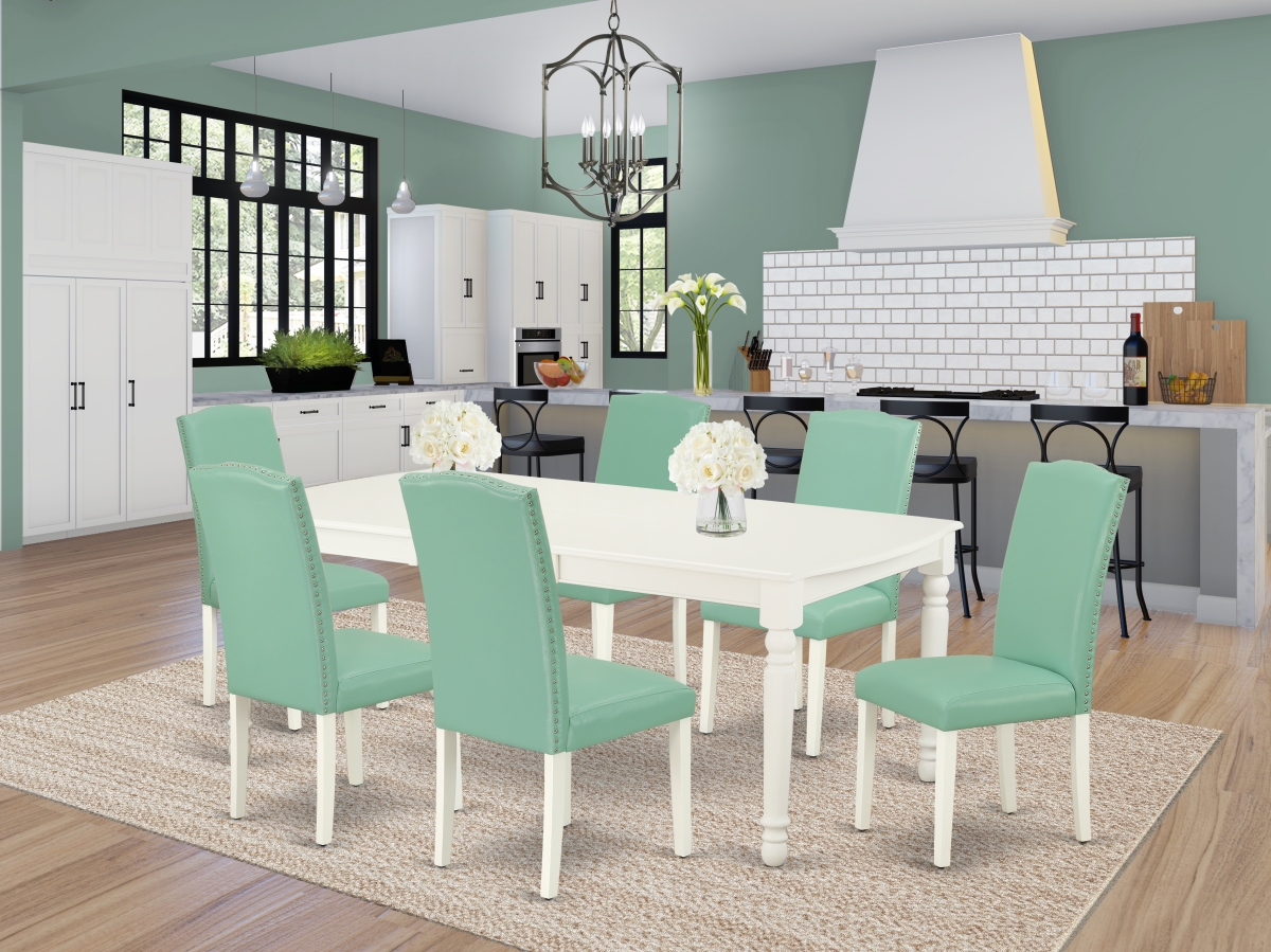 60-78 in. Dover Rectangle Table with 18 in. Leaf & 6 Parson Chair with Linen White Leg & Pu Leather - Pond, 7 Piece