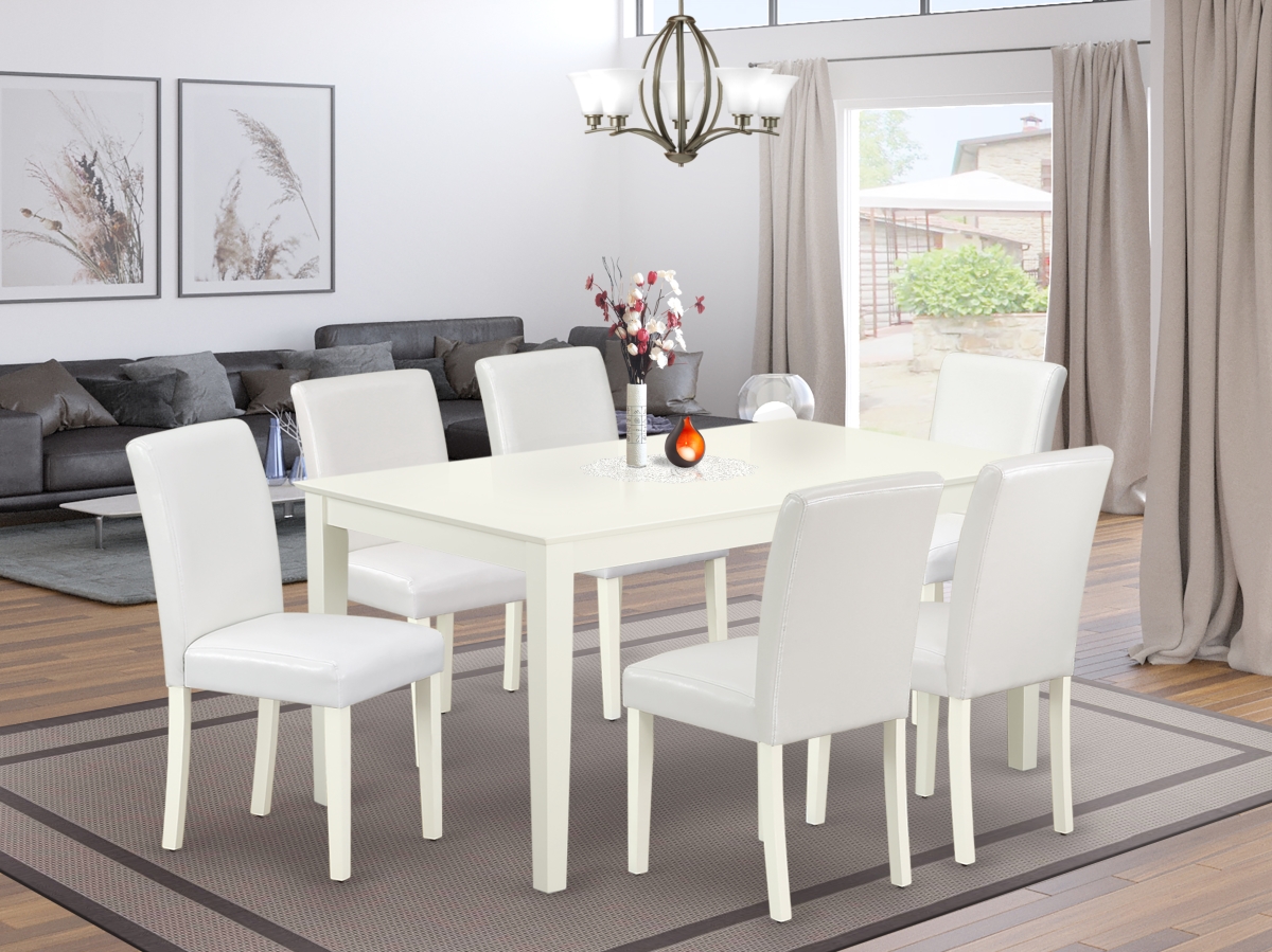 CAAB7-LWH-64 60 in. Capri Rectangle Dining Table & 6 Parson Chair with Linen White Leg & Pu Leather - White, 7 Piece