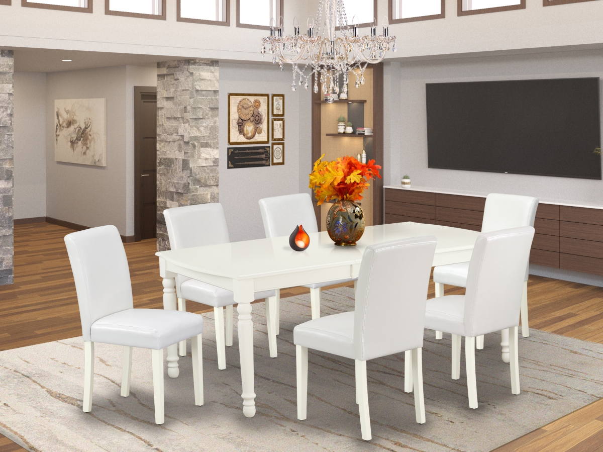 60-78 in. Dover Rectangle Table with 18 in. Leaf & 6 Parson Chair with Linen White Leg & Pu Leather - White, 7 Piece