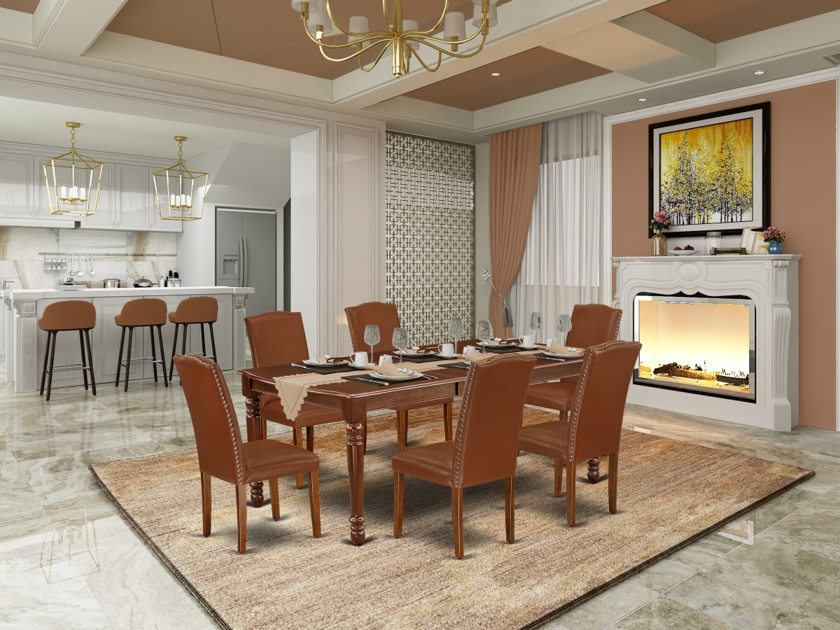 60-78 in. Dover Rectangle Table with 18 in. Leaf & 6 Parson Chair with Mahogany Leg & Brown Flaux Leather, 7 Piece