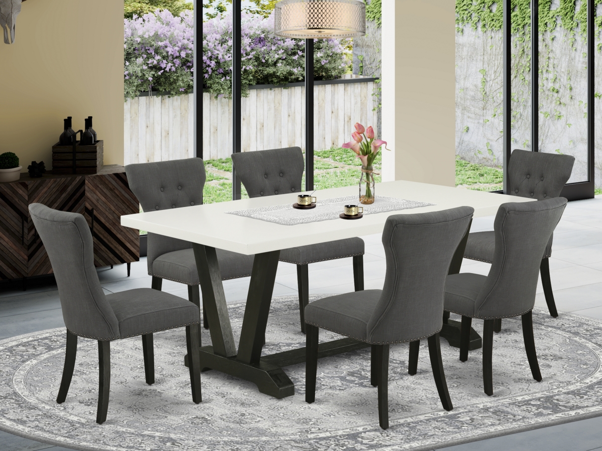 7 Piece V-Style Modern Dining Table Set - Dark Gotham Gray