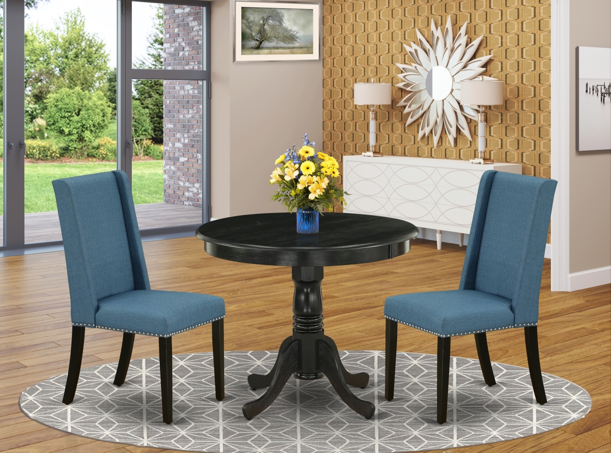 3 Piece Antique Kitchen Dinette Set - Mineral Blue & Wire Brushed Black
