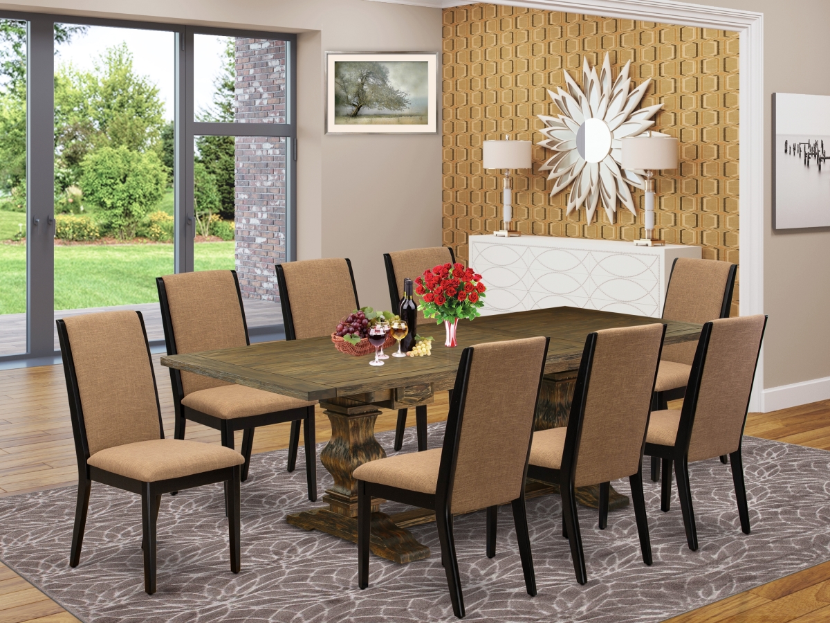 9 Piece Lassale Dining Room Table Set - Distressed Jacobean, Black & Light Sable