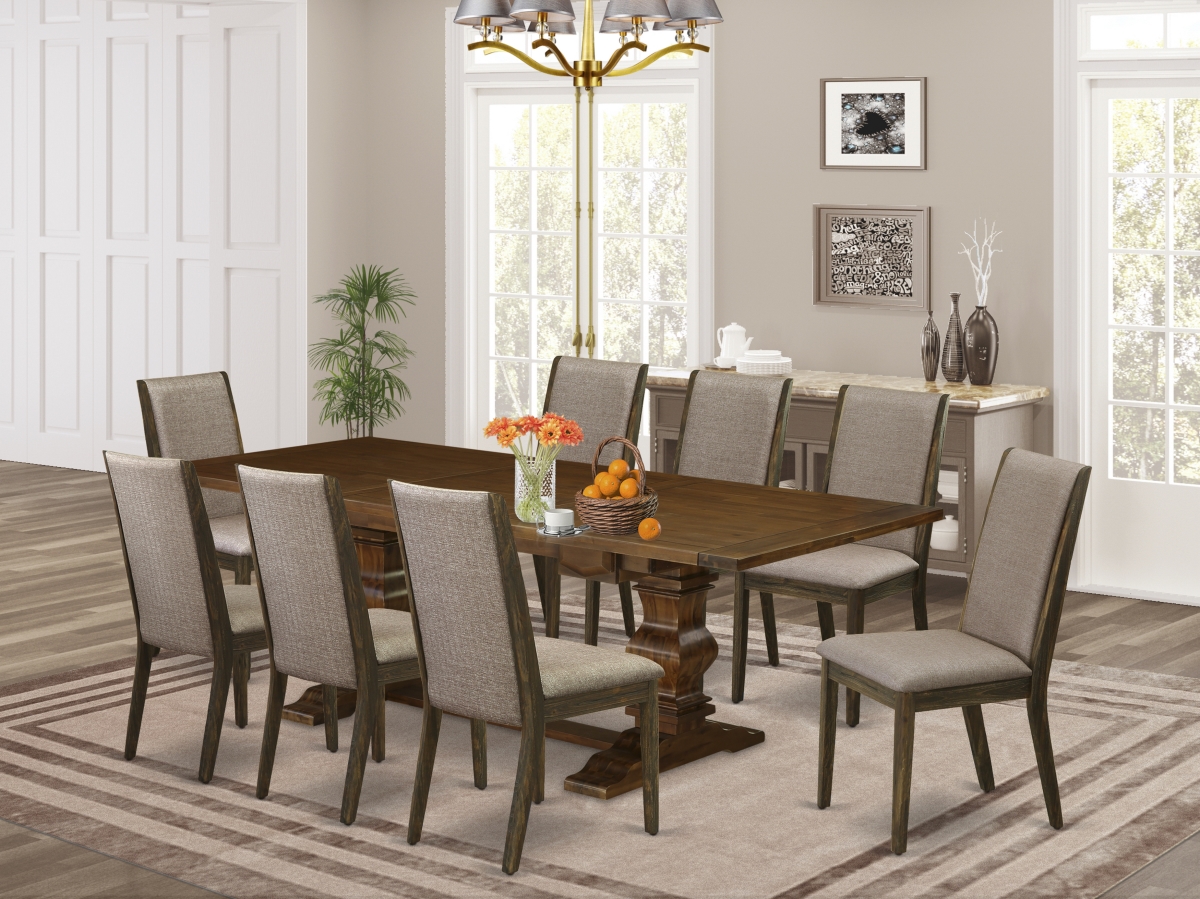 9 Piece Lassale Modern Dining Table Set - Antique Walnut, Distressed Jacobean & Dark Khaki