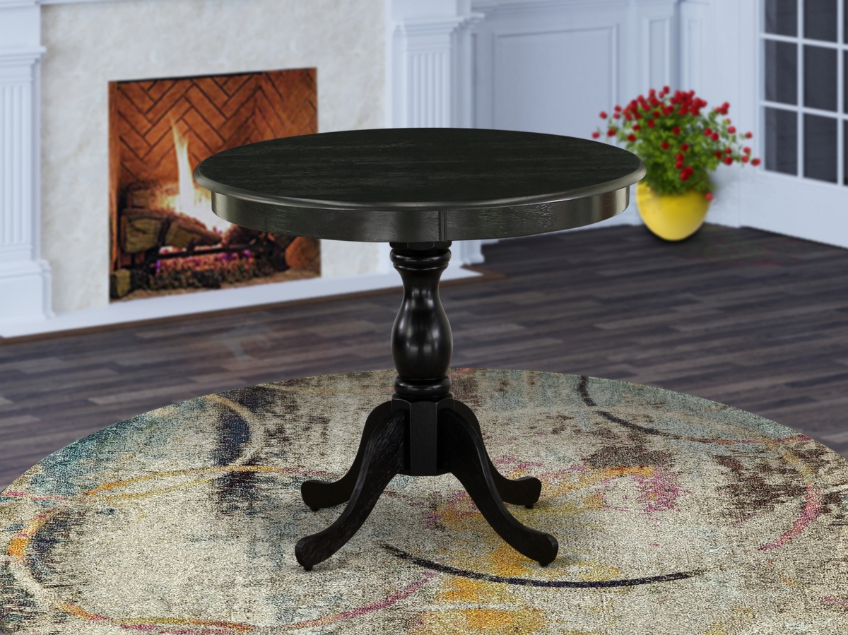 Antique Round Small Dining Table with Wire Brushed Black Table Top Surface & Asian Wood Pedestal Legs