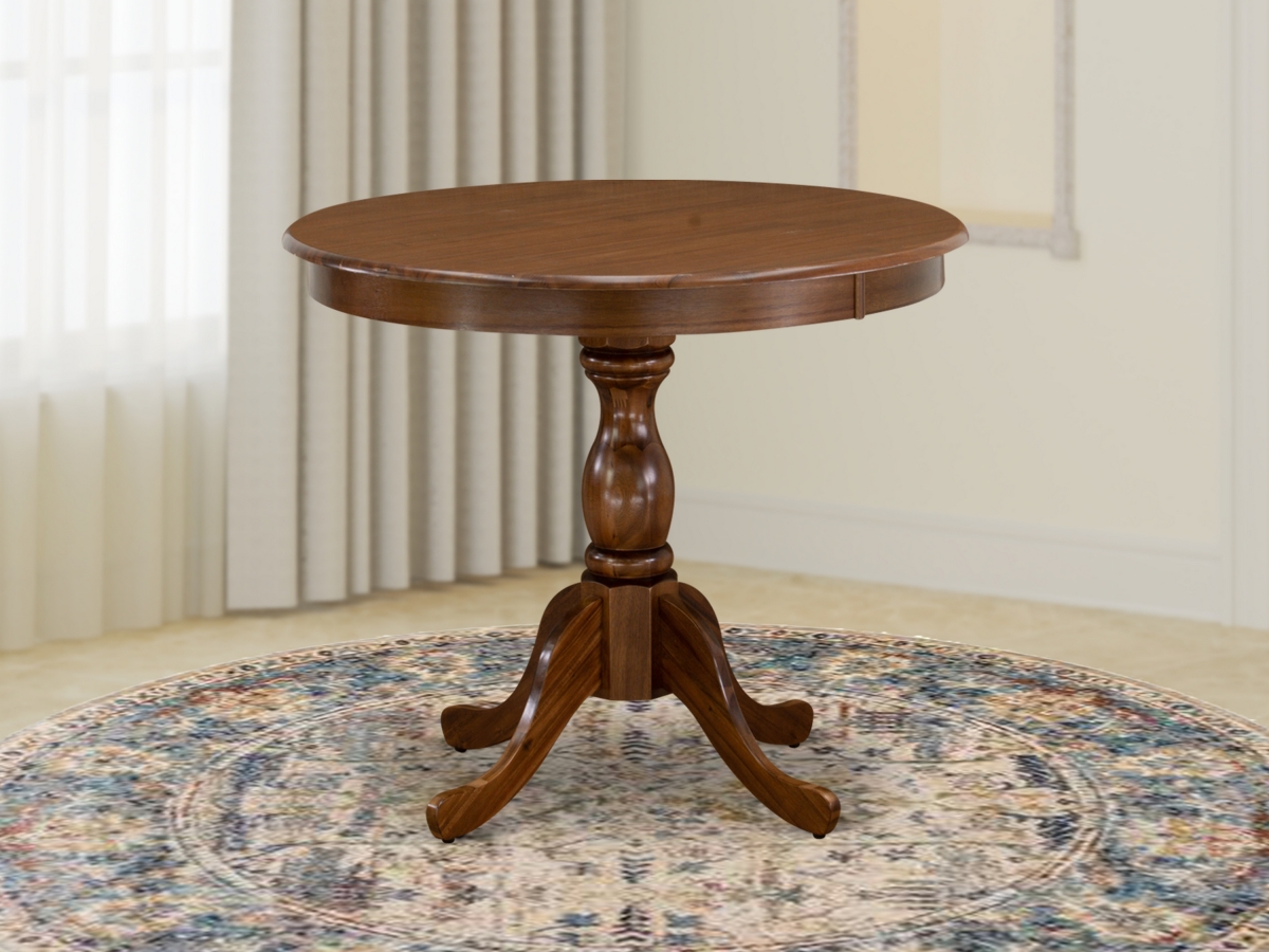 Antique Round Wood Table with Walnut Table Top Surface & Asian Wood Modern Pedestal Legs
