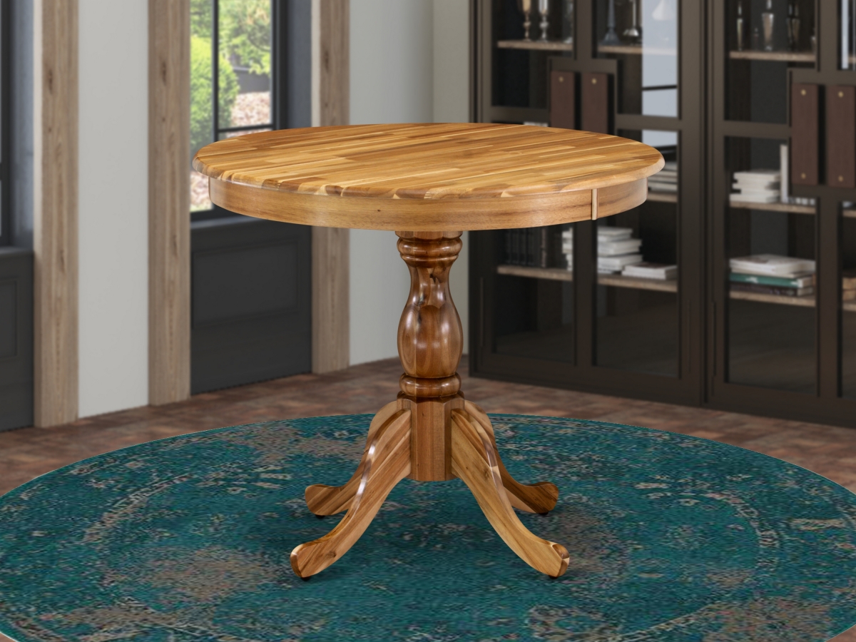 Antique Round Dining Table with Natural Acacia Table Top Surface & Asian Wood Pedestal Legs