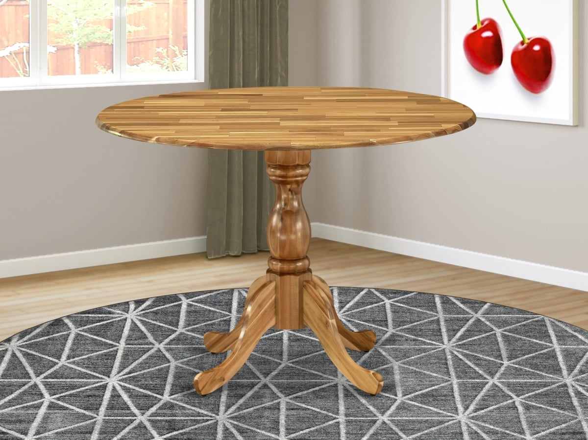 Dublin Round Modern Dining Table with Natural Acacia Table Top Surface & Asian Wood Modern Pedestal Legs