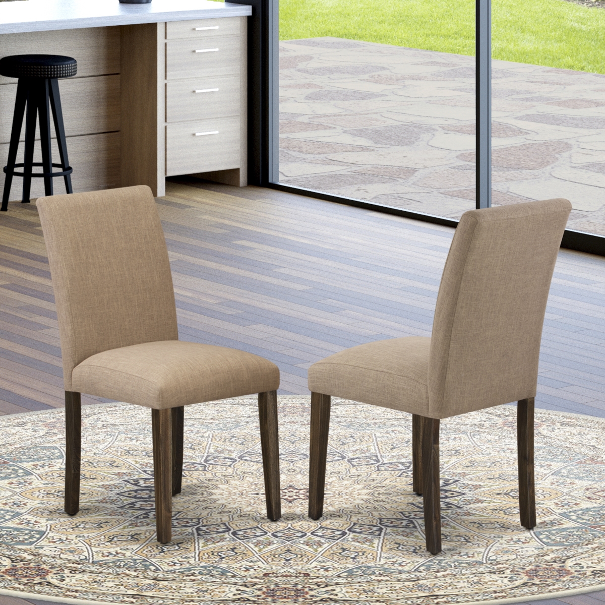 Abbott Distressed Jacobean Hardwood Frame Dining Chair with Light Sable Linen Fabric Seat & Simple Back - Set of 2