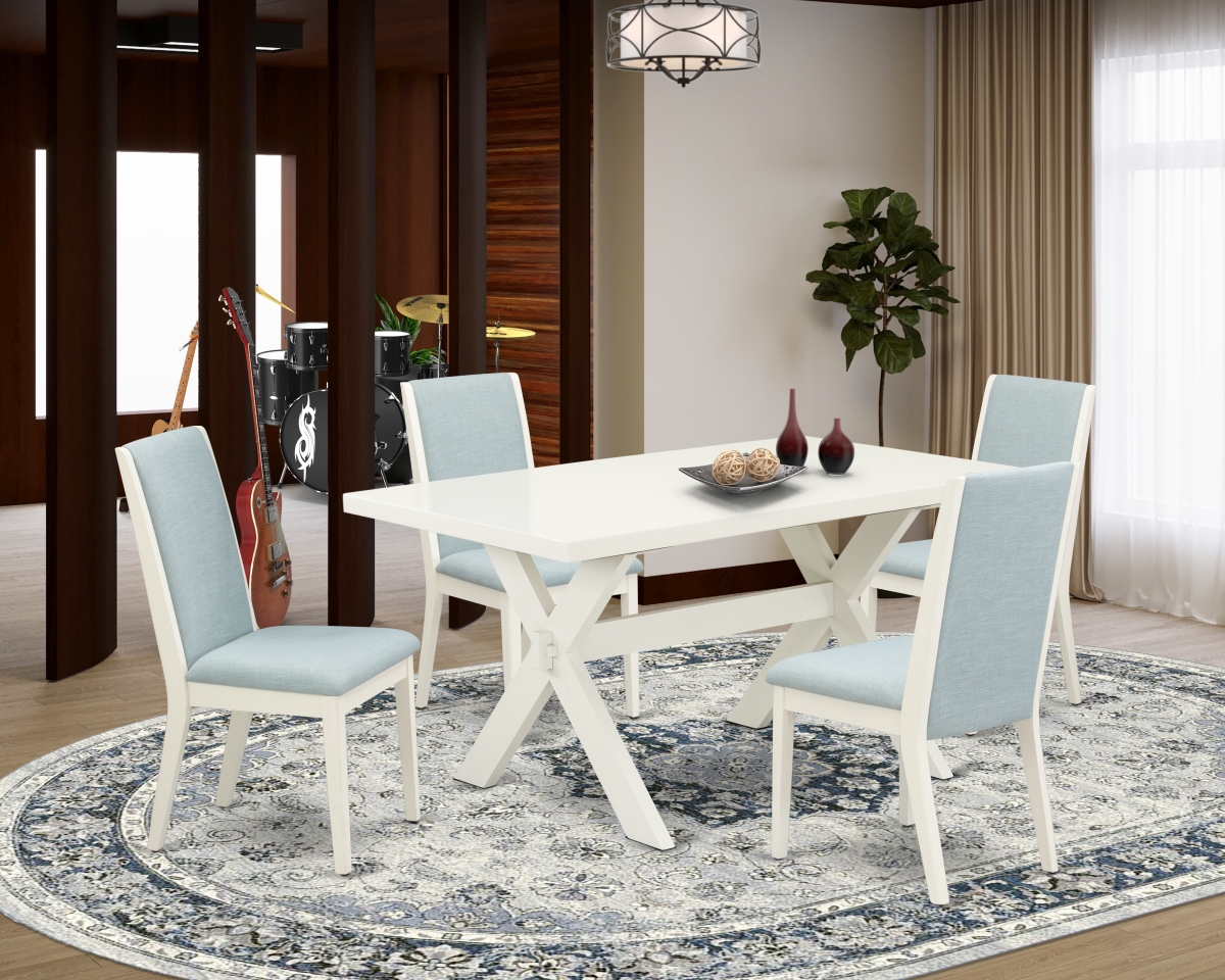 5 Piece X-Style Dining Table Set - Wirebrushed Linen White & Baby Blue