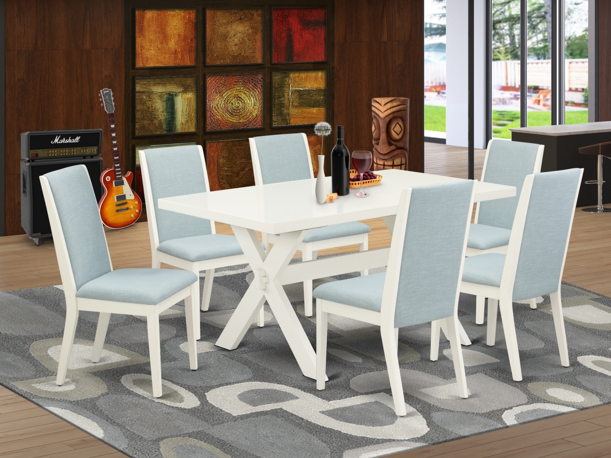 7 Piece X-Style Dinette Set - Wirebrushed Linen White & Baby Blue