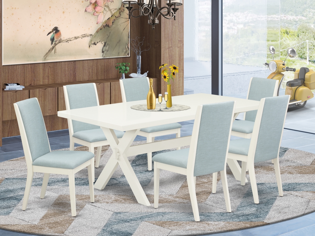 7 Piece X-Style Wood Dining Table Set - Wirebrushed Linen White & Baby Blue