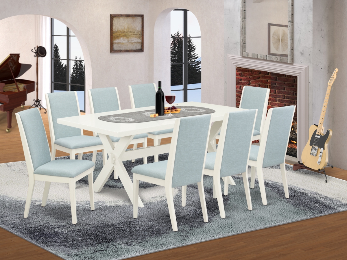 9 Piece X-Style Modern Dining Table Set - Wirebrushed Linen White & Baby Blue