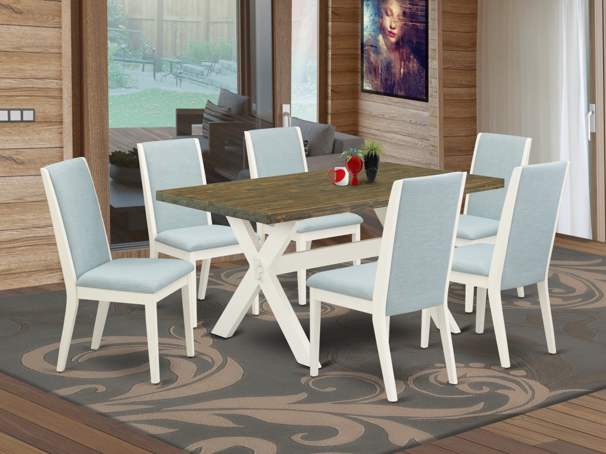 7 Piece X-Style Dining Room Table Set - Wirebrushed Linen White, Distressed Jacobean & Baby Blue