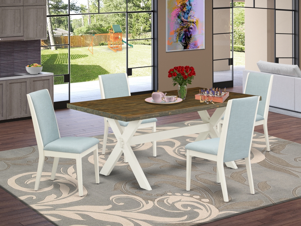 5 Piece X-Style Dining Table Set - Wirebrushed Linen White, Distressed Jacobean & Baby Blue