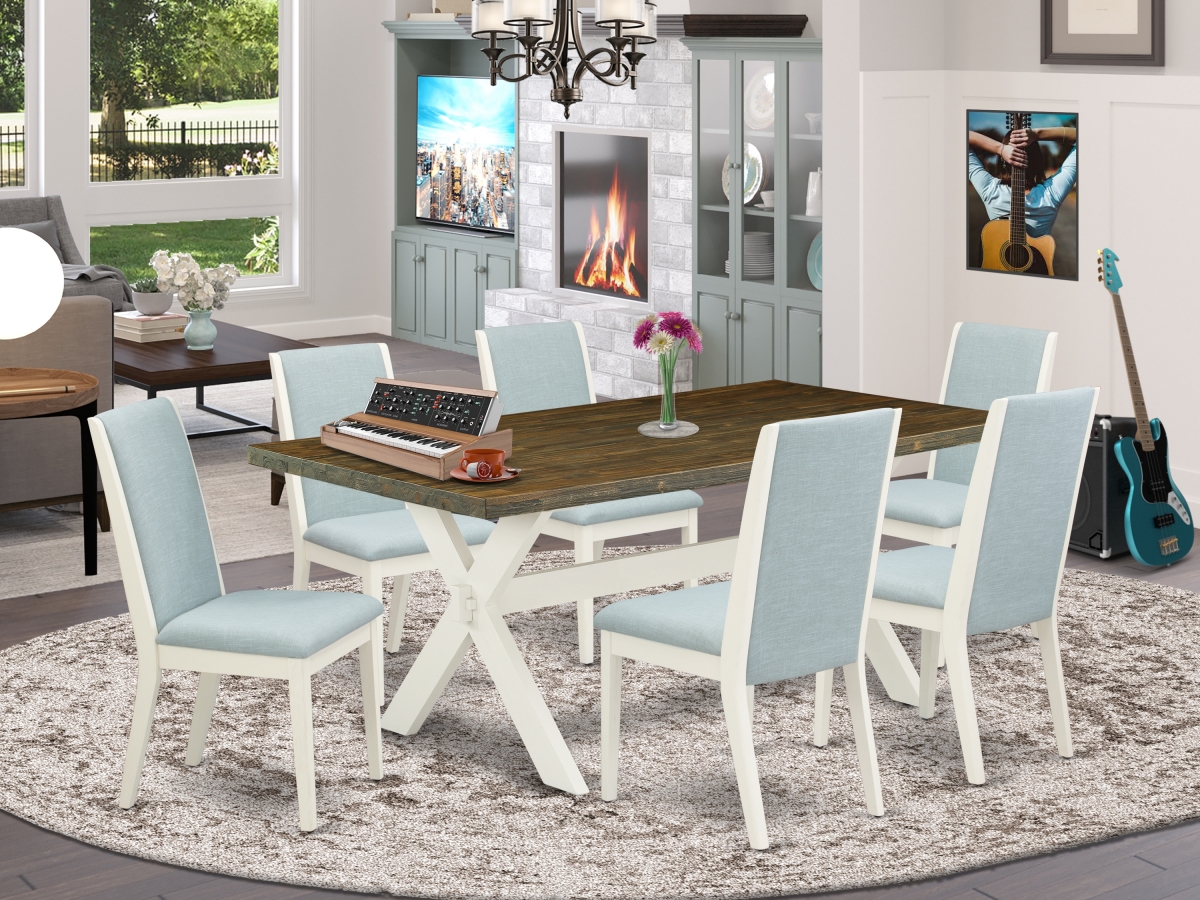 7 Piece X-Style Dinette Set - Wirebrushed Linen White, Distressed Jacobean & Baby Blue