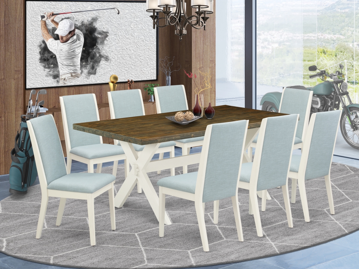 9 Piece X-Style Kitchen Table Set - Wirebrushed Linen White, Distressed Jacobean & Baby Blue