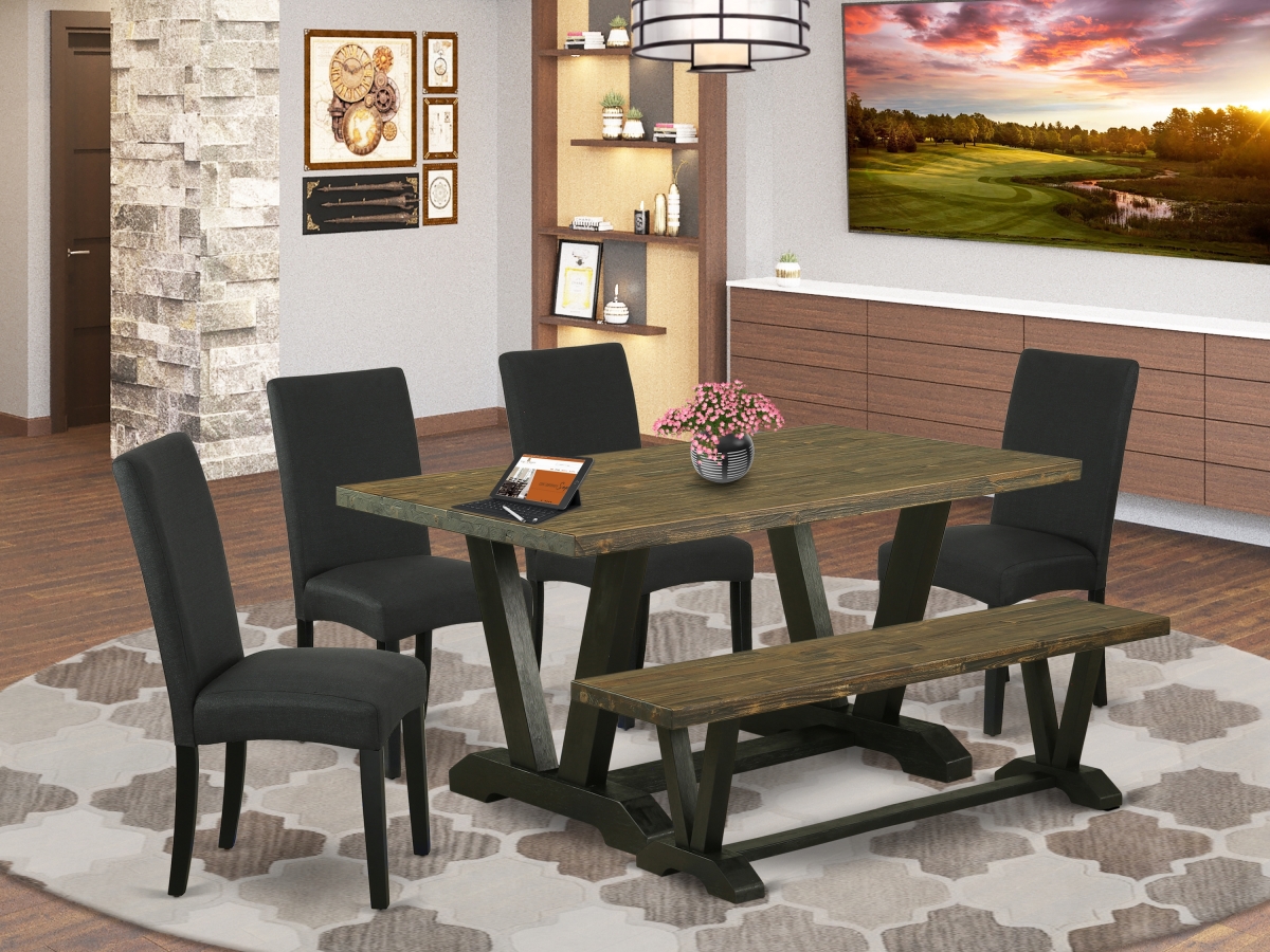 6 Piece V-Style Dining Table Set - Distressed Jacobean & Black