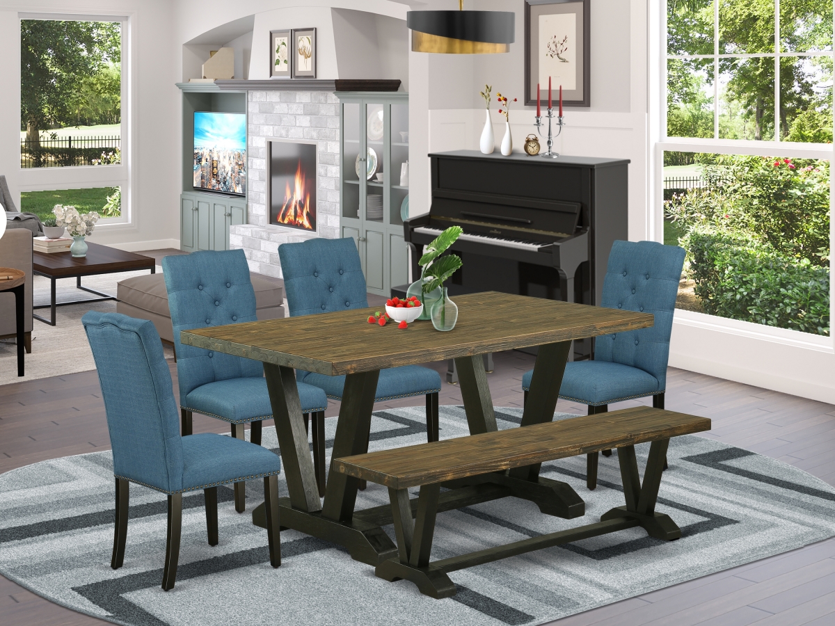 6 Piece V-Style Amazing Modern Dining Table Set - Wire Brushed Black