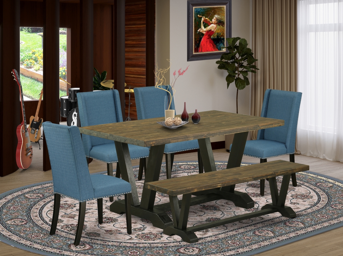 V676FL121-6 6 Piece V-Style Amazing Dining Room Set - Wire Brushed Black -  East West Furniture