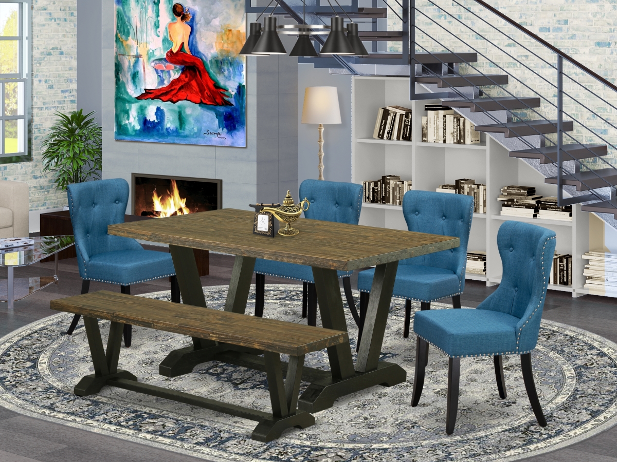 6 Piece V-Style Dining Table Set - Distressed Jacobean & Black