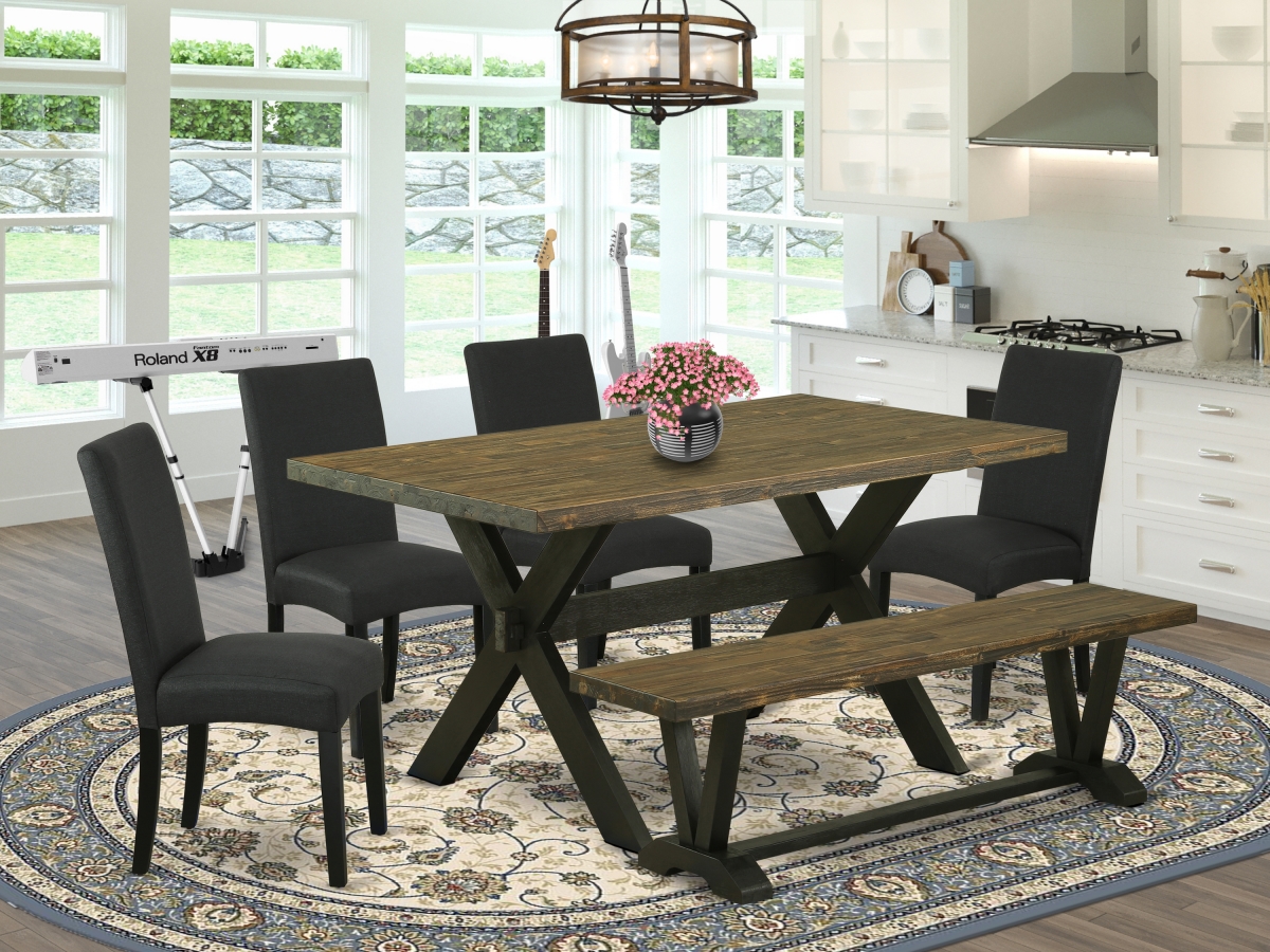 6 Piece X-Style Dining Table Set - Distressed Jacobean & Black