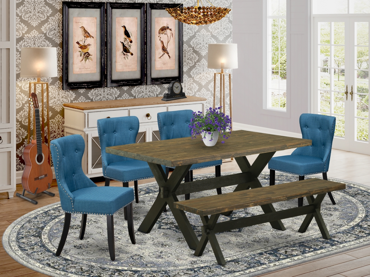 6 Piece X-Style Modern Dining Table Set - Distressed Jacobean & Black