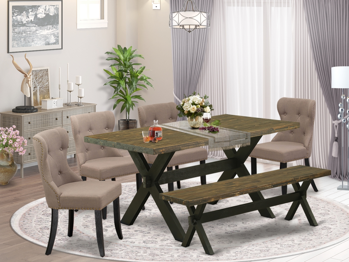 6 Piece X-Style Dining Table Set - Wire Brushed Black