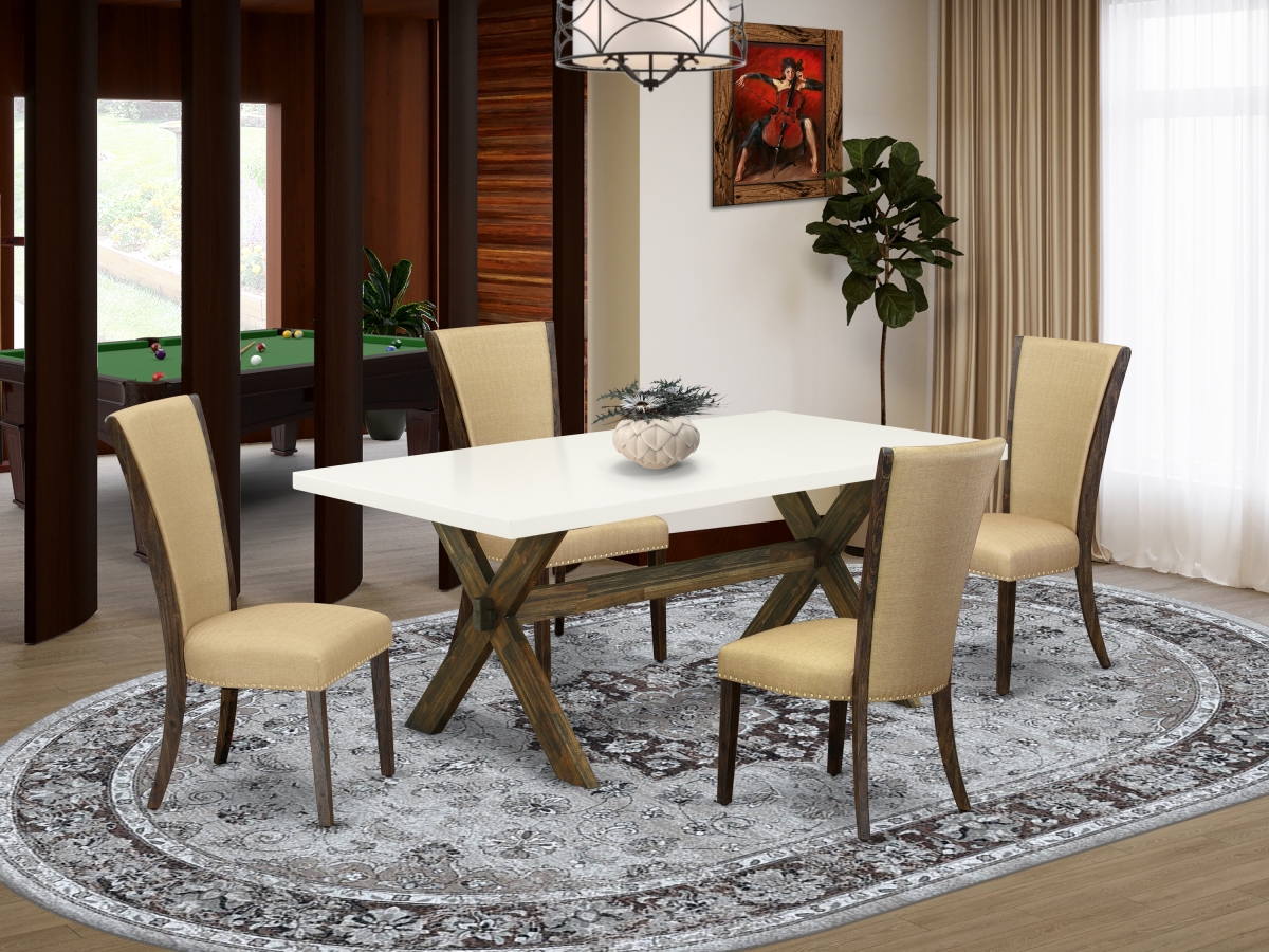5 Piece X-Style Dinette Set - Distressed Jacobean, Linen White & Brown