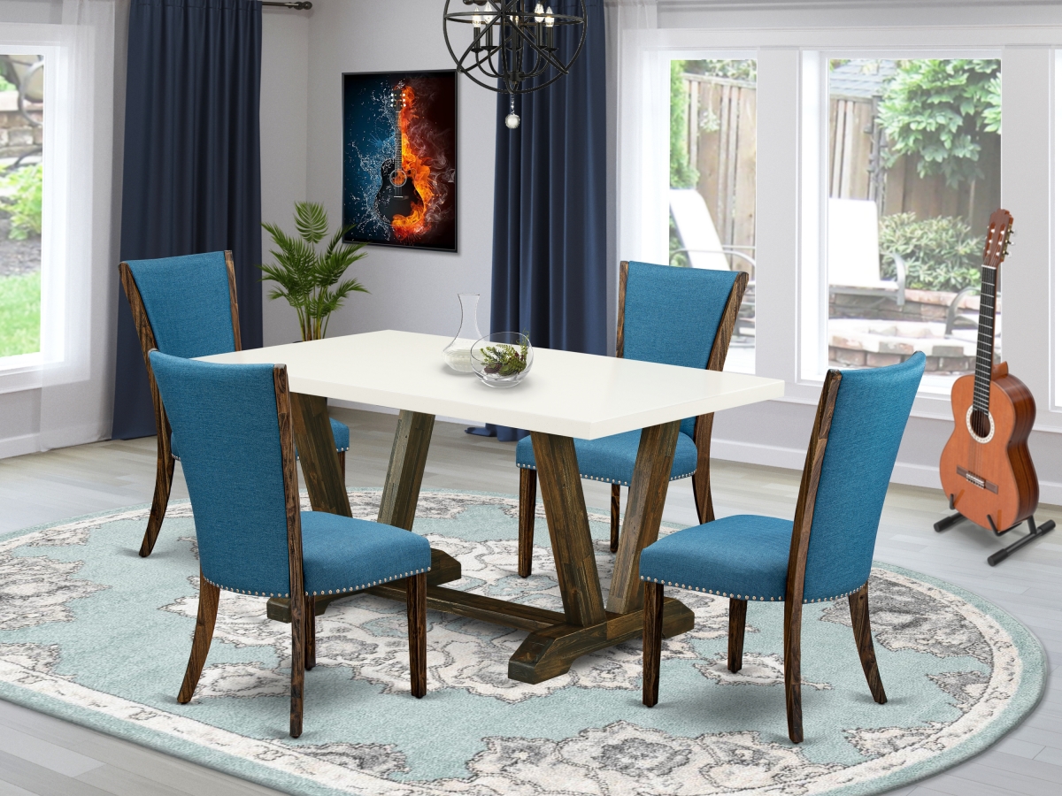 5 Piece V-Style Dining Table Set - Distressed Jacobean, Linen White & Blue