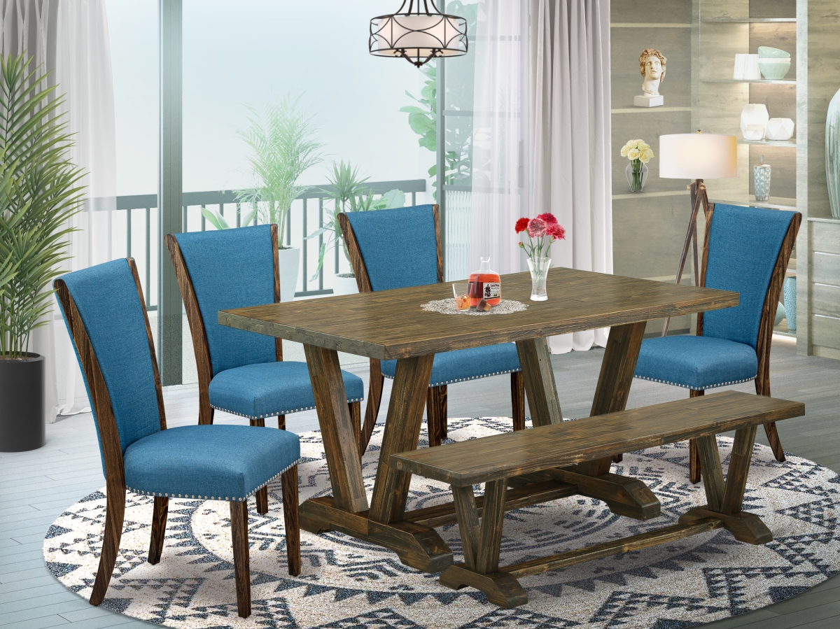 6 Piece V-Style Modern Dining Table Set - Distressed Jacobean