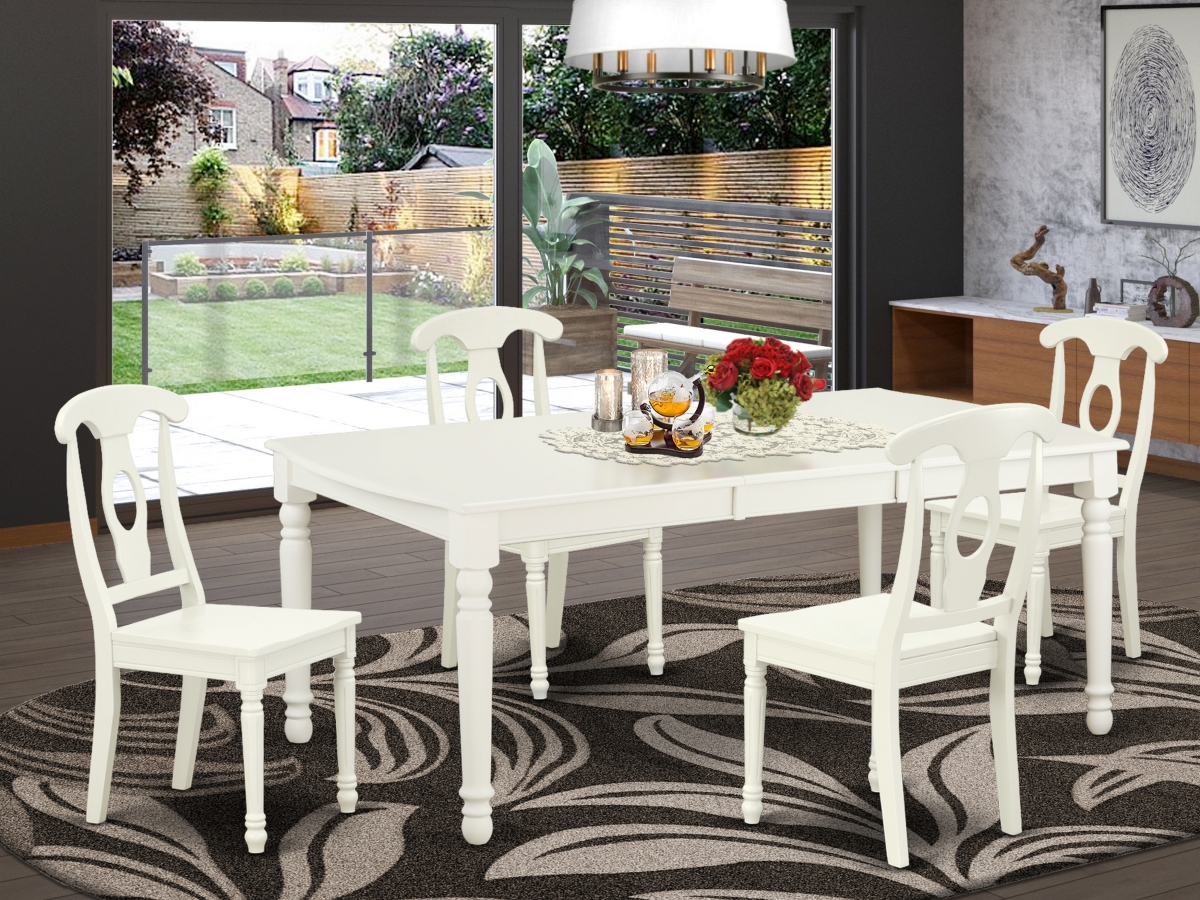 DOKE5-LWH-W 60-78 in. Dover Rectangular Table with 18 in. Leaf & 4 Panel Back Chairs - Linen White, 5 Piece