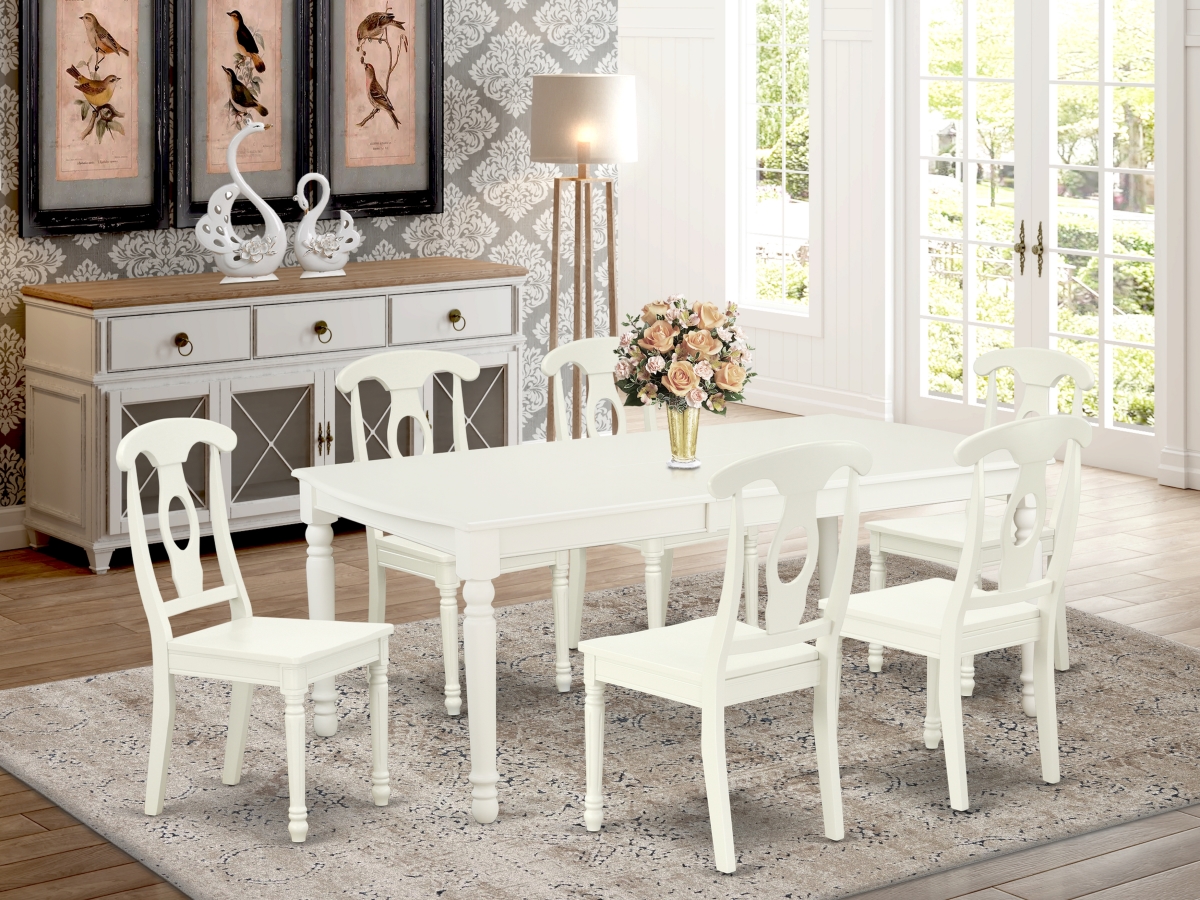 DOKE7-LWH-W 60-78 in. Dover Rectangular Table with 18 in. Leaf & 6 Panel Back Chairs - Linen White, 7 Piece