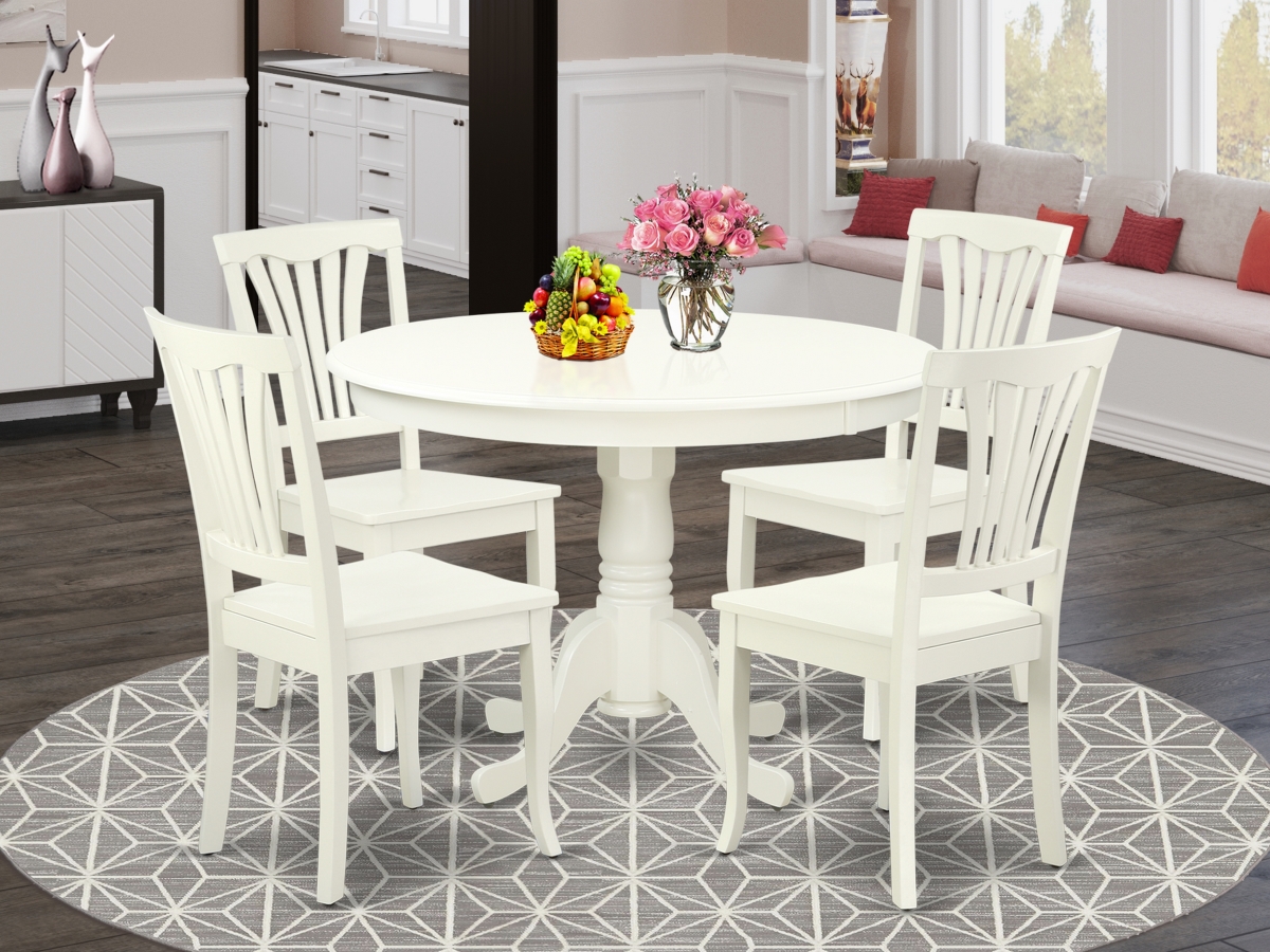 42 in. Hartland Round Table & 4 Vertical Slatted Chairs - Linen White, 5 Piece