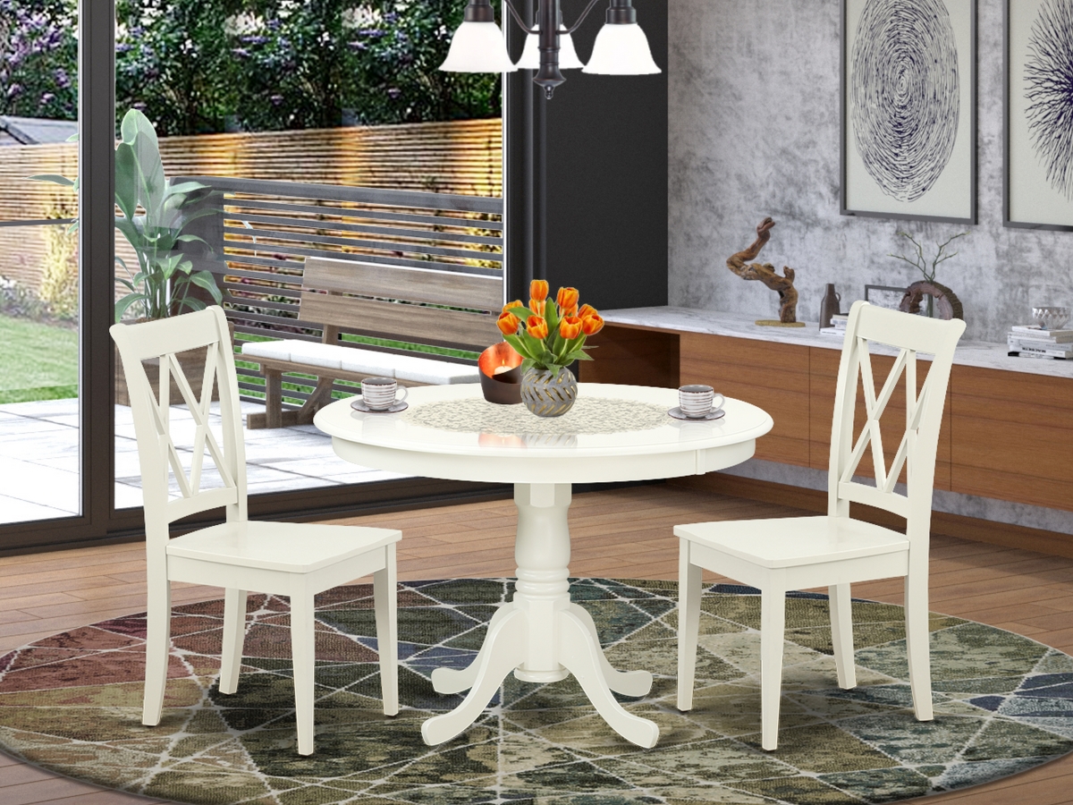 42 in. Hartland Round Table & 2 Double X Back Chairs - Linen White, 3 Piece
