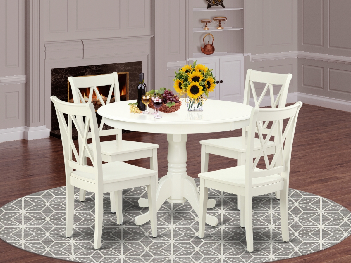 42 in. Hartland Round Table & 4 Double X Back Chairs - Linen White, 5 Piece