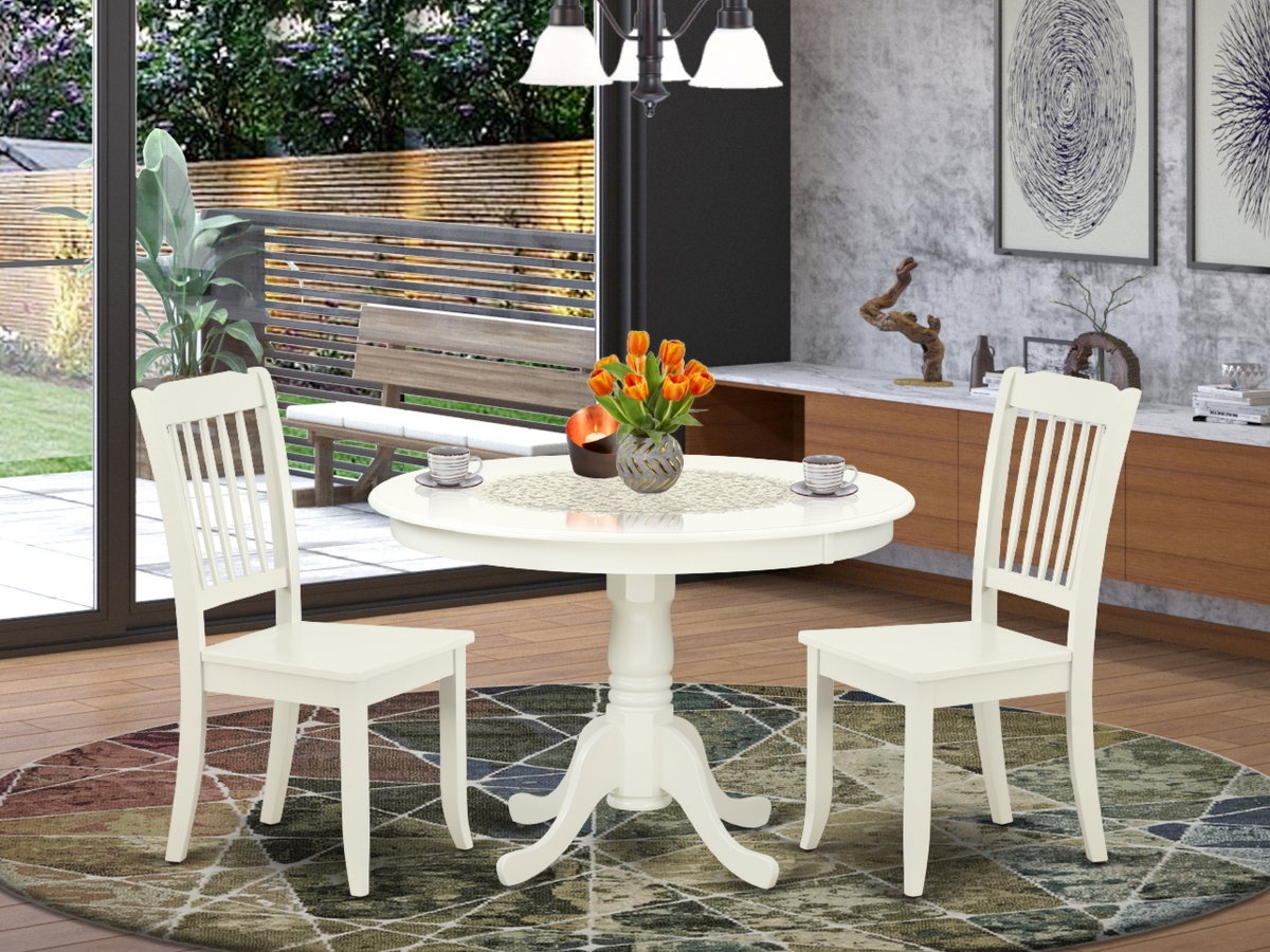 42 in. Hartland Round Table & 2 Vertical Slatted Chairs - Linen White, 3 Piece