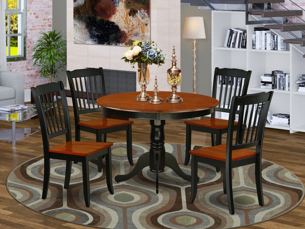 42 in. Hartland Round Table & 4 Vertical Slatted Chairs - Black & Cherry, 5 Piece