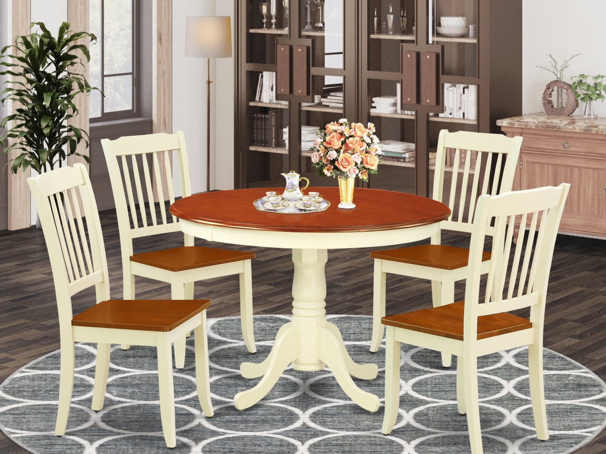42 in. Hartland Round Table & 4 Vertical Slatted Chairs - Buttermilk & Cherry, 5 Piece