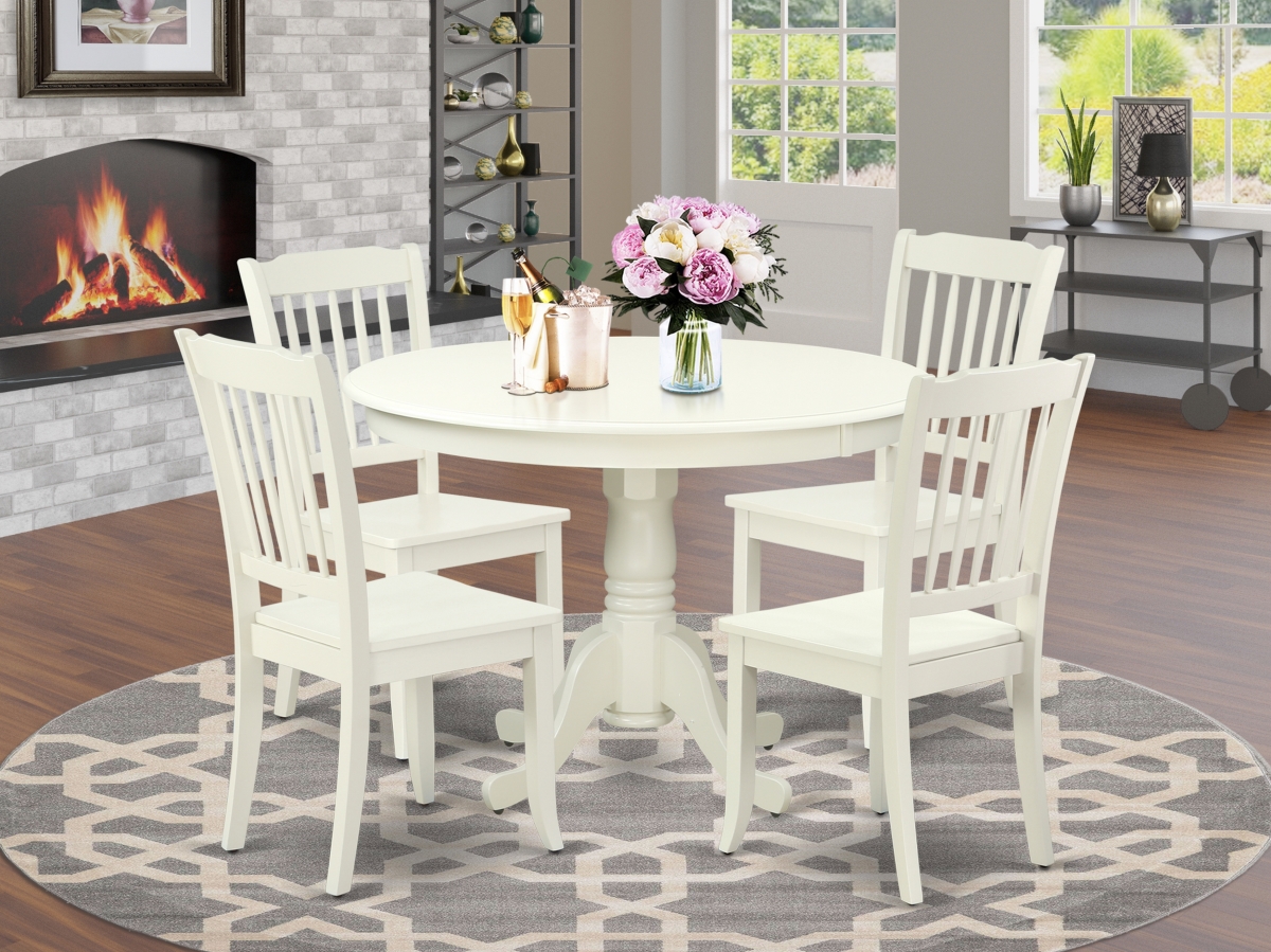 42 in. Hartland Round Table & 4 Vertical Slatted Chairs - Linen White, 5 Piece