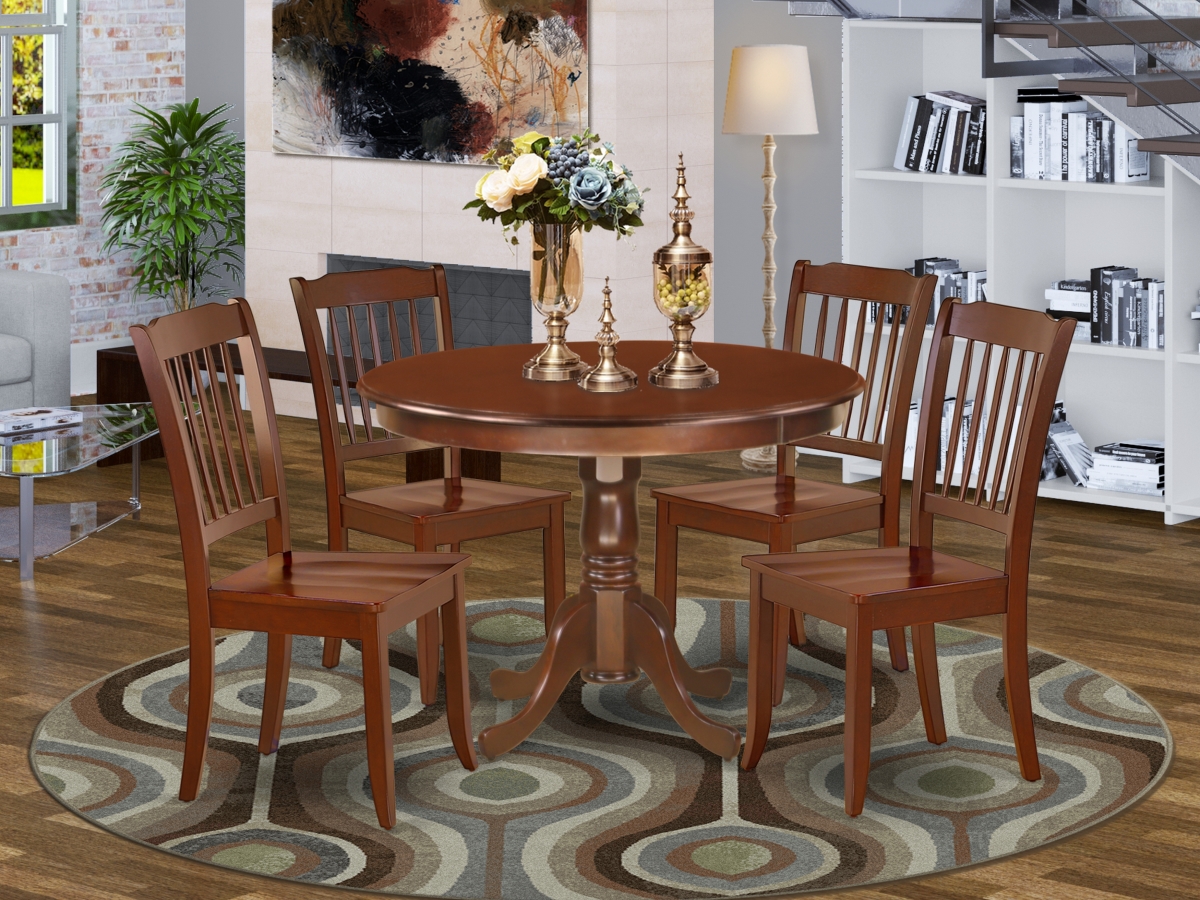 42 in. Hartland Round Table & 4 Vertical Slatted Chairs - Mahogany, 5 Piece