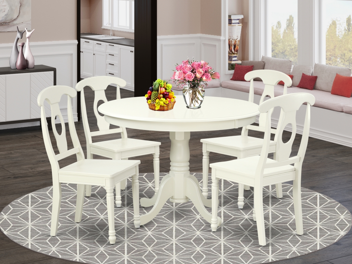42 in. Hartland Round Table & 4 Panel Back Chairs - Linen White, 5 Piece