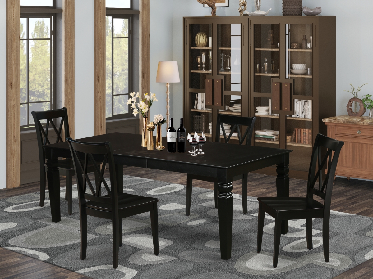 66-84 in. Logan Rectangle Kitchen Table with 18 in. Leaf & Four Wood Seat Dining Chairs - Black, 5 Piece