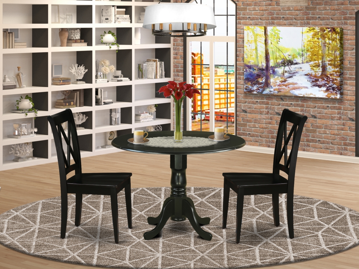 42 in. Dublin Round Dining Room Table with Two 9 in. Drop Leaves & 2 Wood Seat Dining Chairs - Black, 3 Piece