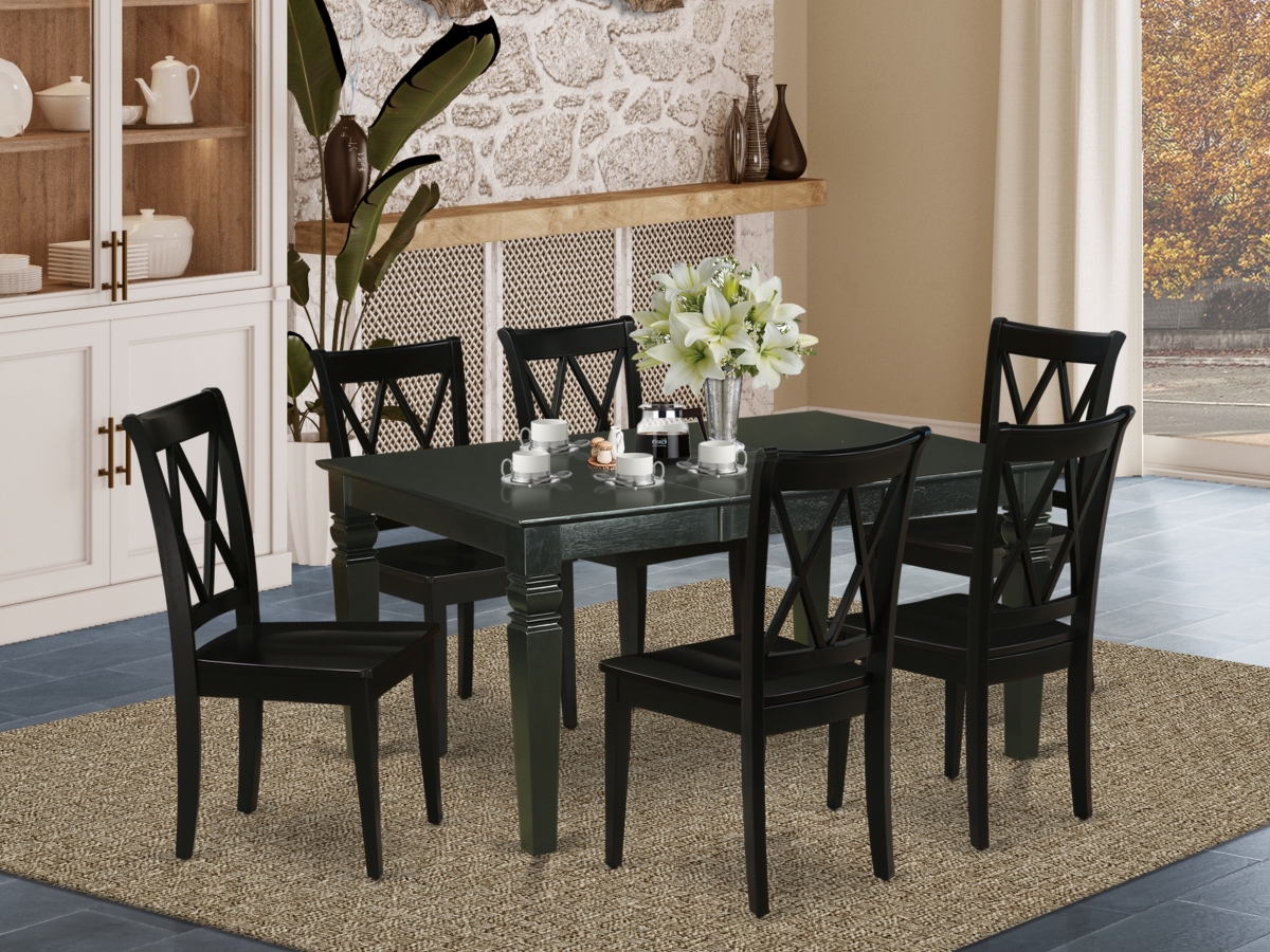 42-60 in. Weston Rectangular Kitchen Table with 18 in. Leaf & 6 Wood Seat Dining Chairs - Black, 7 Piece