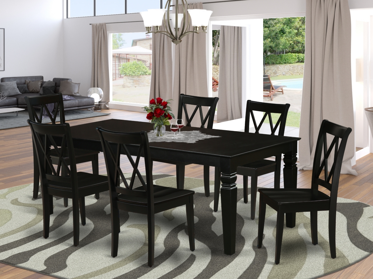 LGCL7-BLK-W 66-84 in. Logan Rectangular Dining Room Table with 18 in. Leaf & Six Wood Seat Chairs - Black, 7 Piece
