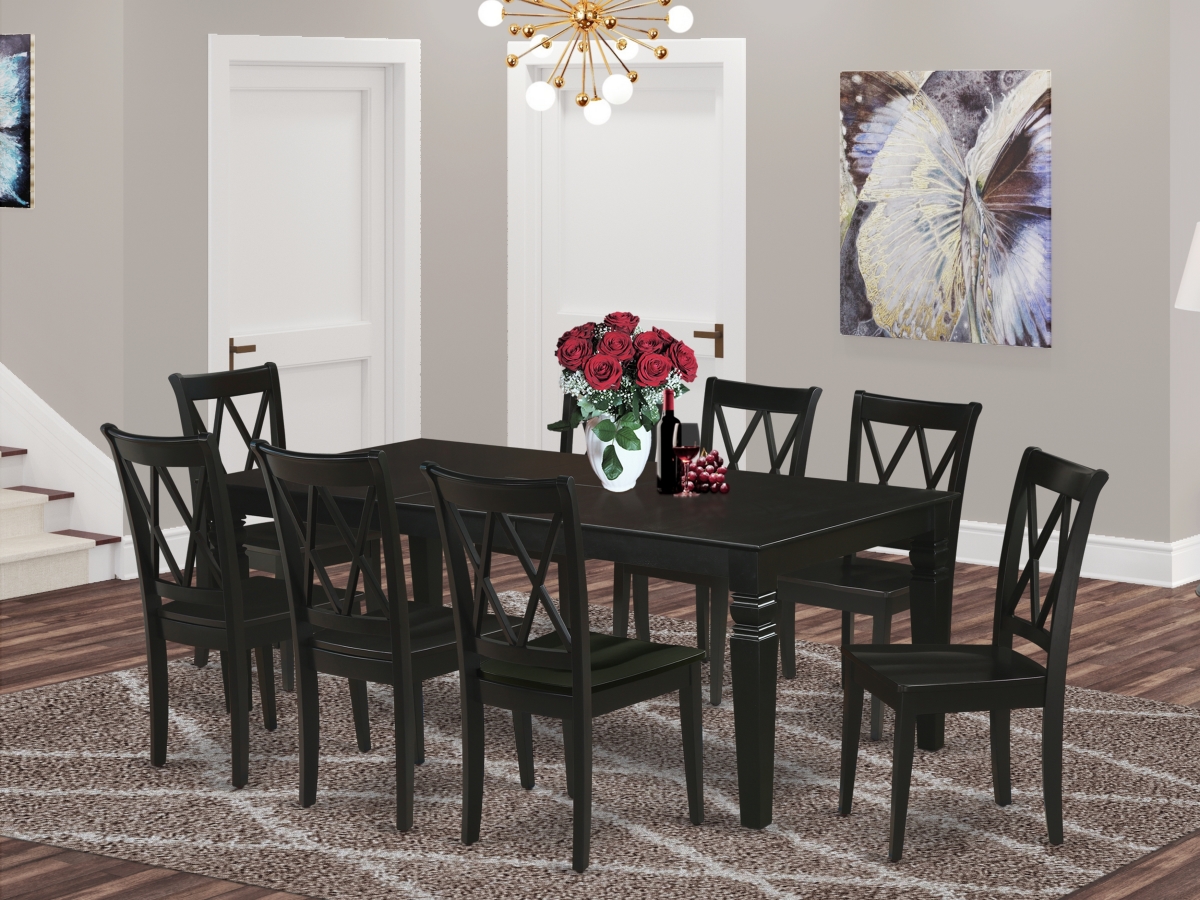 66-84 in. Logan Rectangle Dining Table with 18 in. Leaf & 8 Wood Seat Dining Chairs - Black, 9 Piece