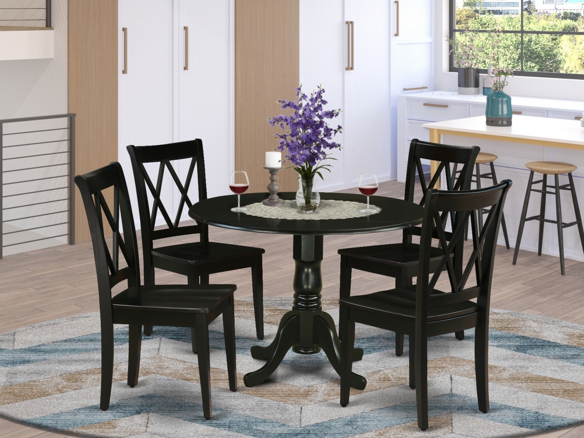42 in. Dublin Round Dining Room Table with Two 9 in. Drop Leaves & Four Wood Seat Chairs - Black, 5 Piece